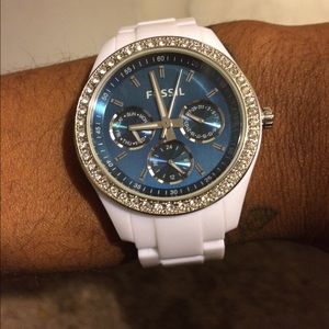 Fossil white watch with blue face multifunction