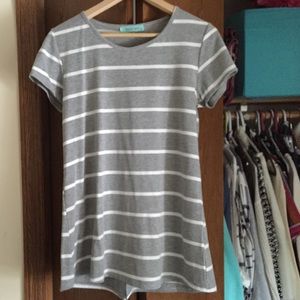 Gray and White Stripe Button Back Tee