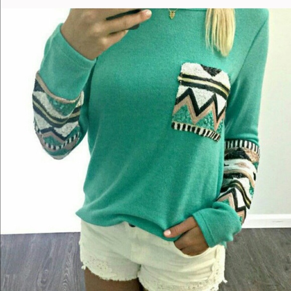 Teal long sleeve Aztec blouse