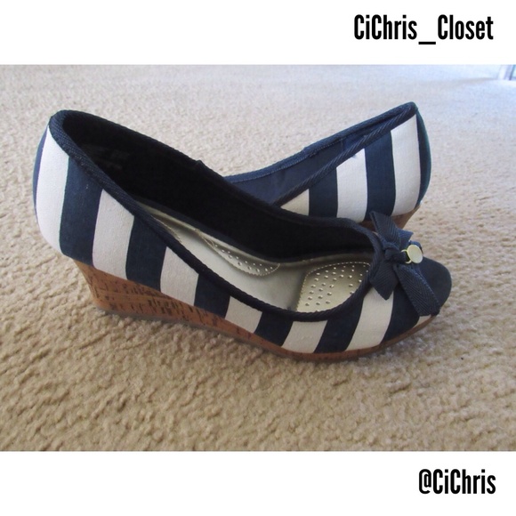 Navy Blue and White Stripe Wedges