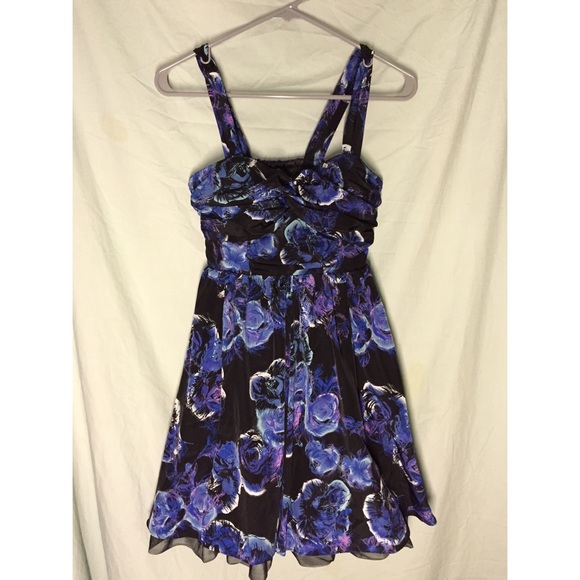 Black dress with purple floral pattern