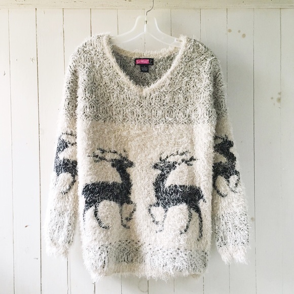 Cream + grey fuzzy long reindeer winter sweater