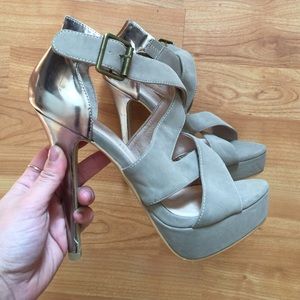 Nude/Metallic Criss-Cross Platforms
