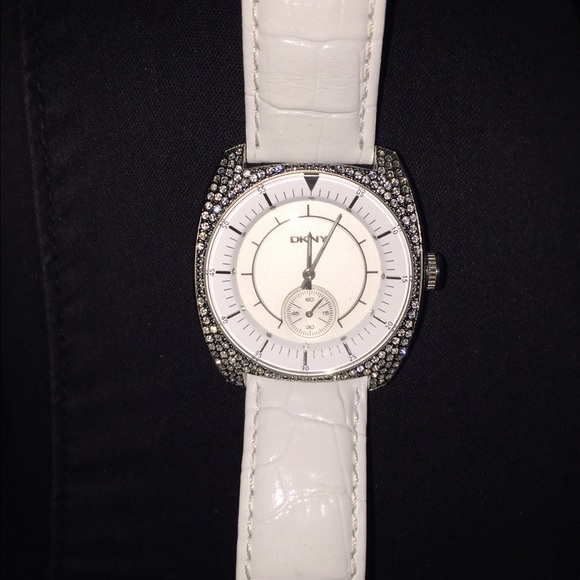 White leather DKNY watch with cubic zirconias