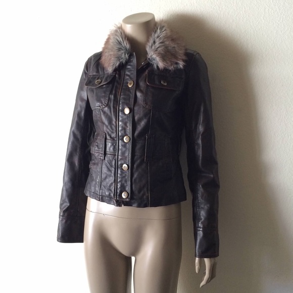 🚫SOLD🚫 Brown Distressed Faux Leather Trim Jacket - Picture 2 of 4