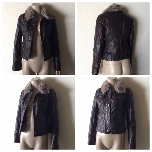 🚫SOLD🚫 Brown Distressed Faux Leather Trim Jacket - Picture 3 of 4