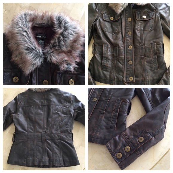 🚫SOLD🚫 Brown Distressed Faux Leather Trim Jacket - Picture 4 of 4