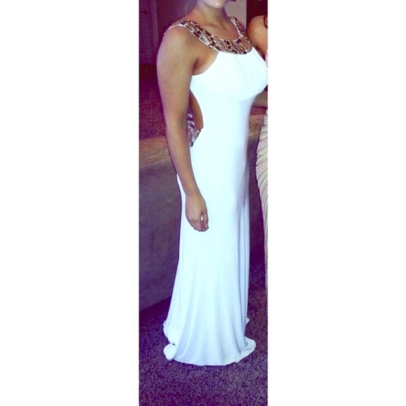 Sherri Hill White and Gold Backless Formal Dress