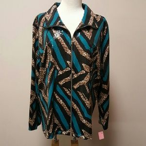 Misook 2X turuoise/animal print zip front jacket