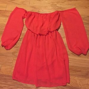Sheer off the shoulder dress. Peach
