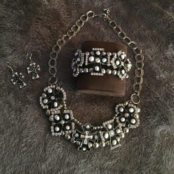 Cross necklace, bracelet and earring set
