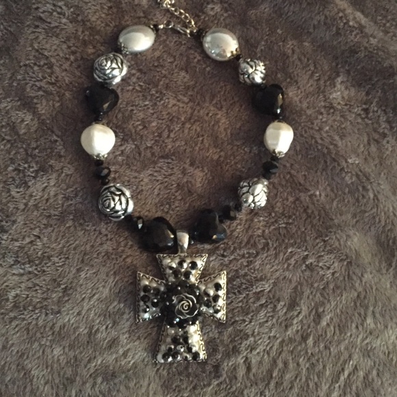 Black Cross necklace with rose beads