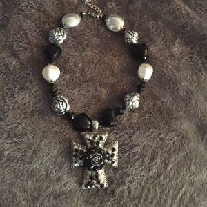 Black Cross necklace with rose beads