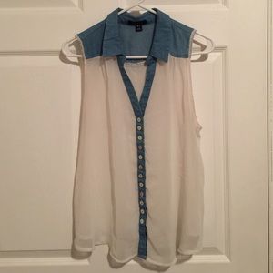 Sleeveless denim/chiffon top