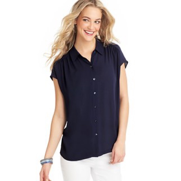 LOFT Short Sleeve Drapey Navy Blouse Size M