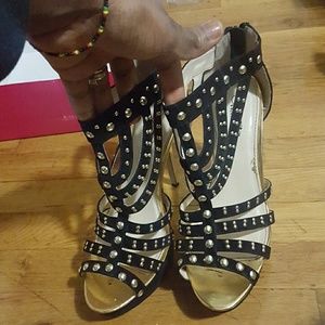 SOLD Black faux suede Stiletto platform gold studs