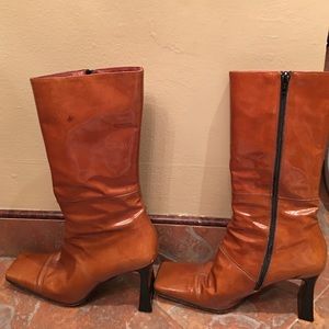 Saddle brown patent leather zip up boot