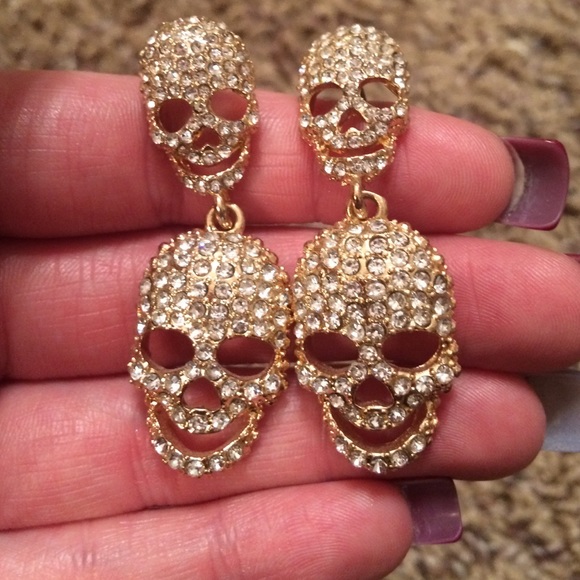 Gold and rhinestone skull earrings