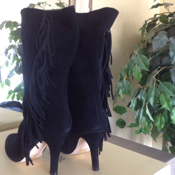 Black Genuine Suede BOHO Fringe Boots - Picture 2 of 4