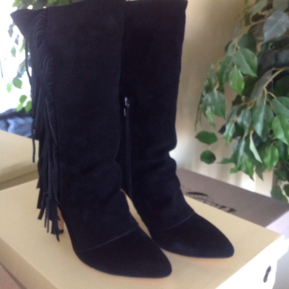 Black Genuine Suede BOHO Fringe Boots - Picture 3 of 4