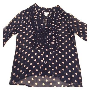 Silk navy and tan polka dot sheer J. Crew blouse.