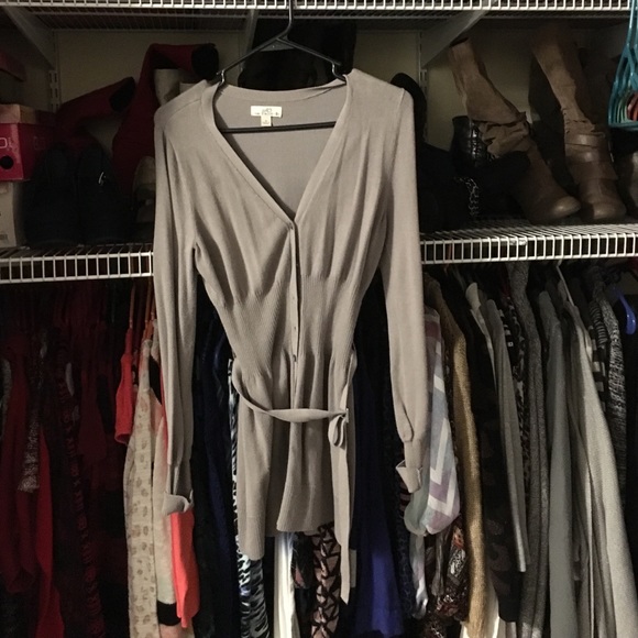 Grey cardigan.