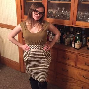 Anthropologie Olive green dress with striped skirt