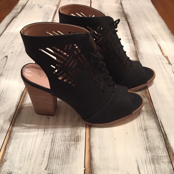 Shoes - Black open heel and open toe booties faux suede