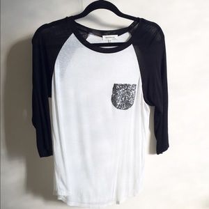 White baseball style tee- black 3/4 length sleeves