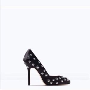 Zara Black Satin Studded Round Toe Heels Shoes 7.5