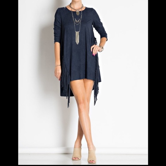 🇺🇸Suede Blue Fringe Dress/Tunic - Picture 2 of 4