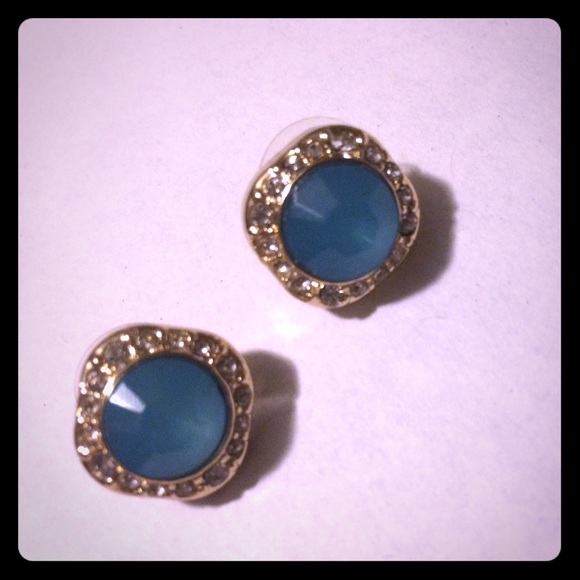 J Crew Go,d Teal Stone Button Earrings NEW NWOT