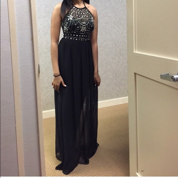 B. Darlin Jeweled Illusion Halter Neckline Gown