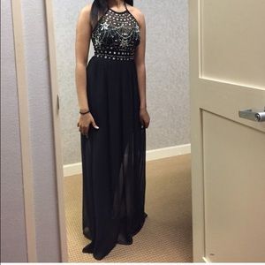 B. Darlin Jeweled Illusion Halter Neckline Gown