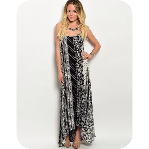 NWT BLACK & IVORY PRINT RACER BACK MAXI DRESS - Picture 2 of 3
