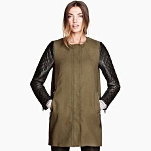 H&M Faux Leather Sleeve Olive Green Coat