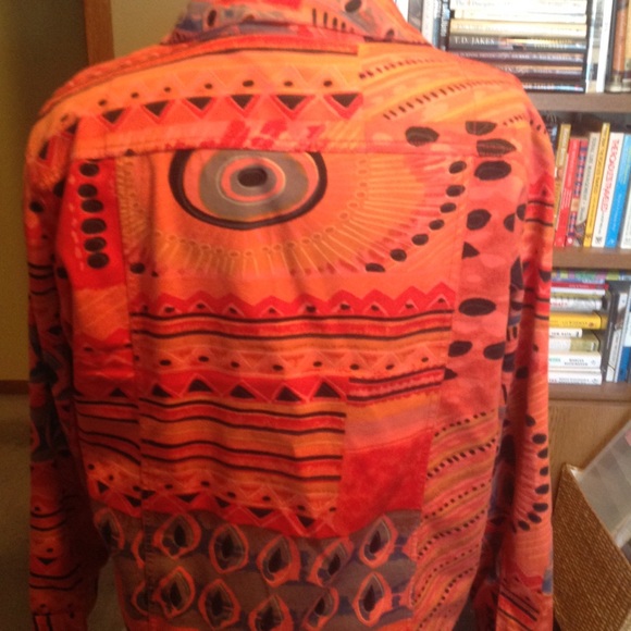 Chico's Tribal pattern Jacket Orange & Black Sz 3 - Picture 3 of 4