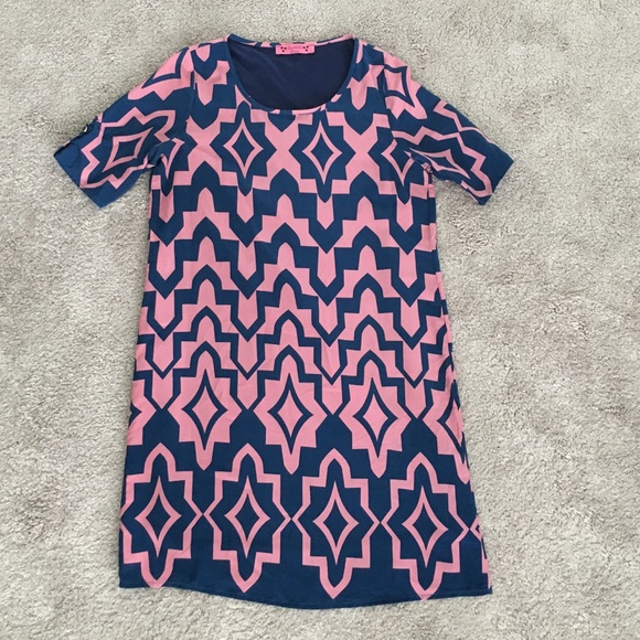 Navy blue and pink pattern shift dress