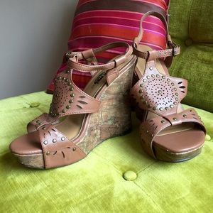 Brown Cork Strappy Wedge Sandals