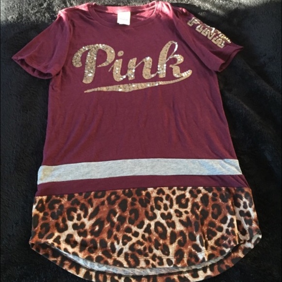NWT BLING PINK VICTORIA'S SECRET LEOPARD MAROON T!