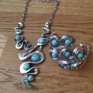 Abstract Turquoise & Silver Necklace and Cuff Set