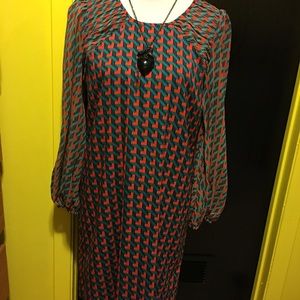 Green, navy blue and burnt orange dress