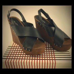 Black vegan leather, size 9, wedge sandals.