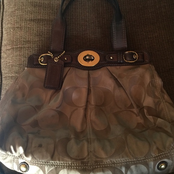 Sateen and Leather Brown Coach Shoulder Bag - Picture 2 of 4