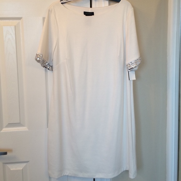 White shift dress wth rhinestone accents