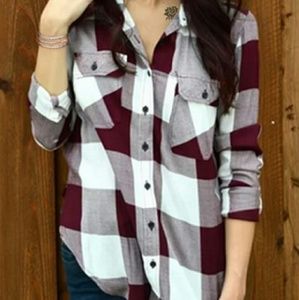 Maroon gray and white plaid blouse
