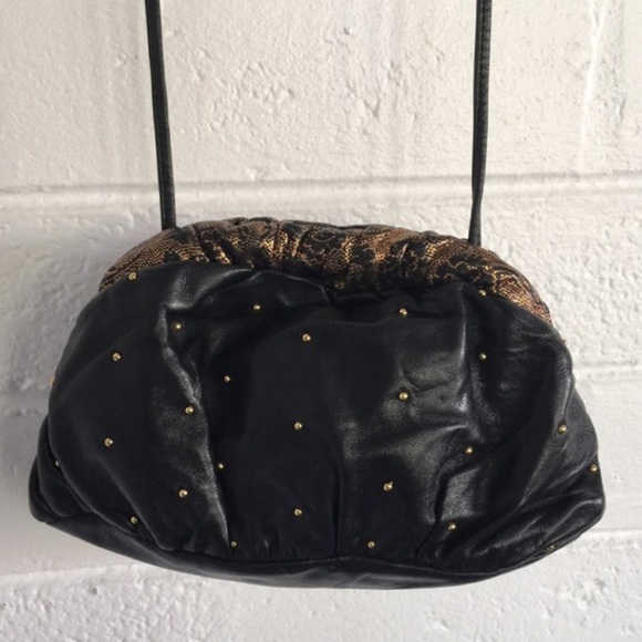 Vintage Black Leather Studded Messenger Purse