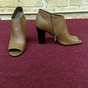 Tan open-toe booties