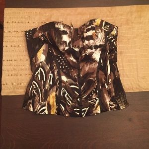 bebe Bustier, tribal and feathers print fabric
