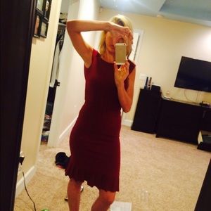 Emporio Armani red dress cinched at the waist